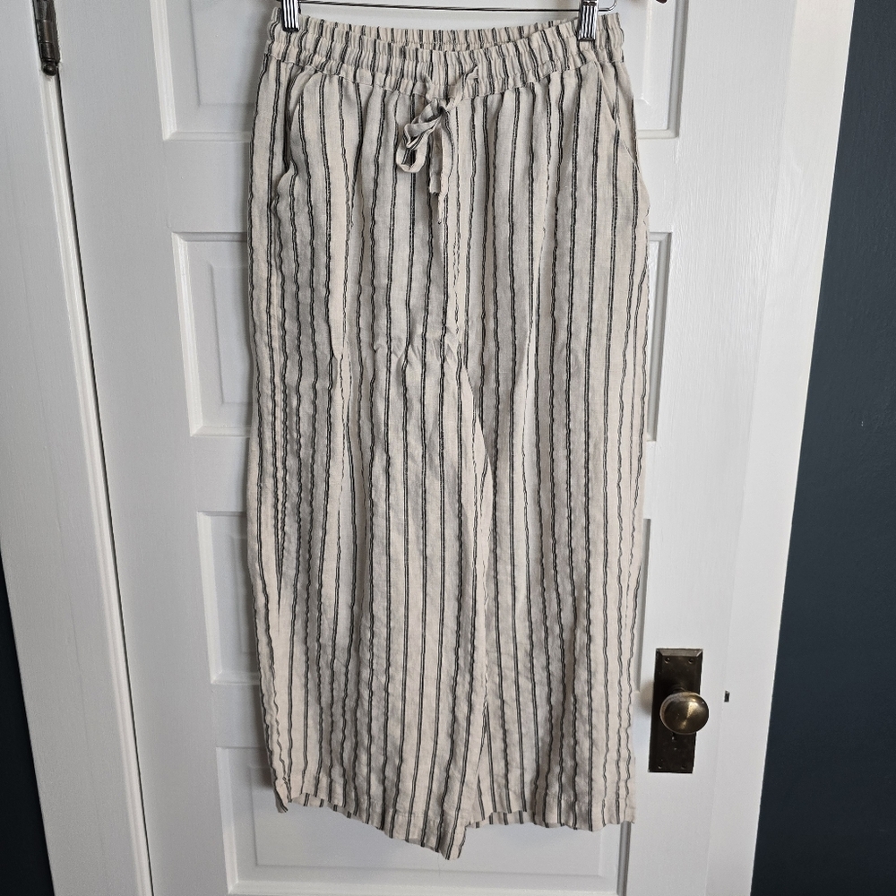 Linen Wide Leg Crop Pants   Beige Stripe Medium Etsy
